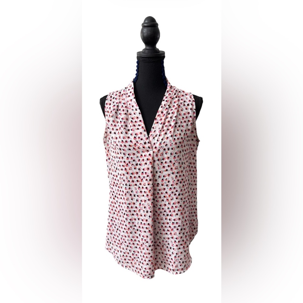 Adrianna Papell White Sleeveless V-Neck Blouse with Red & Black Dot Print
